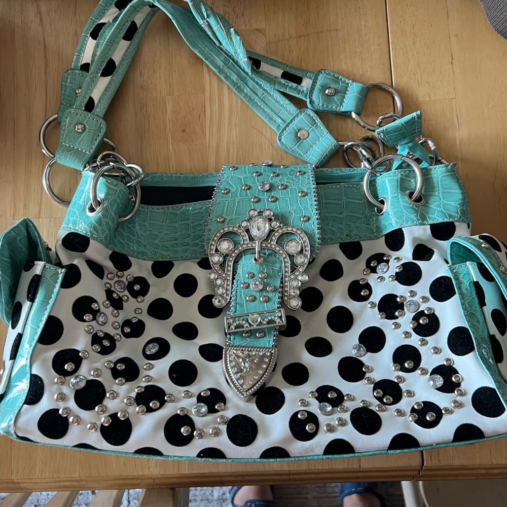 Purse with rhinestones and chain, fashionable and fun!! Minor wear noted.